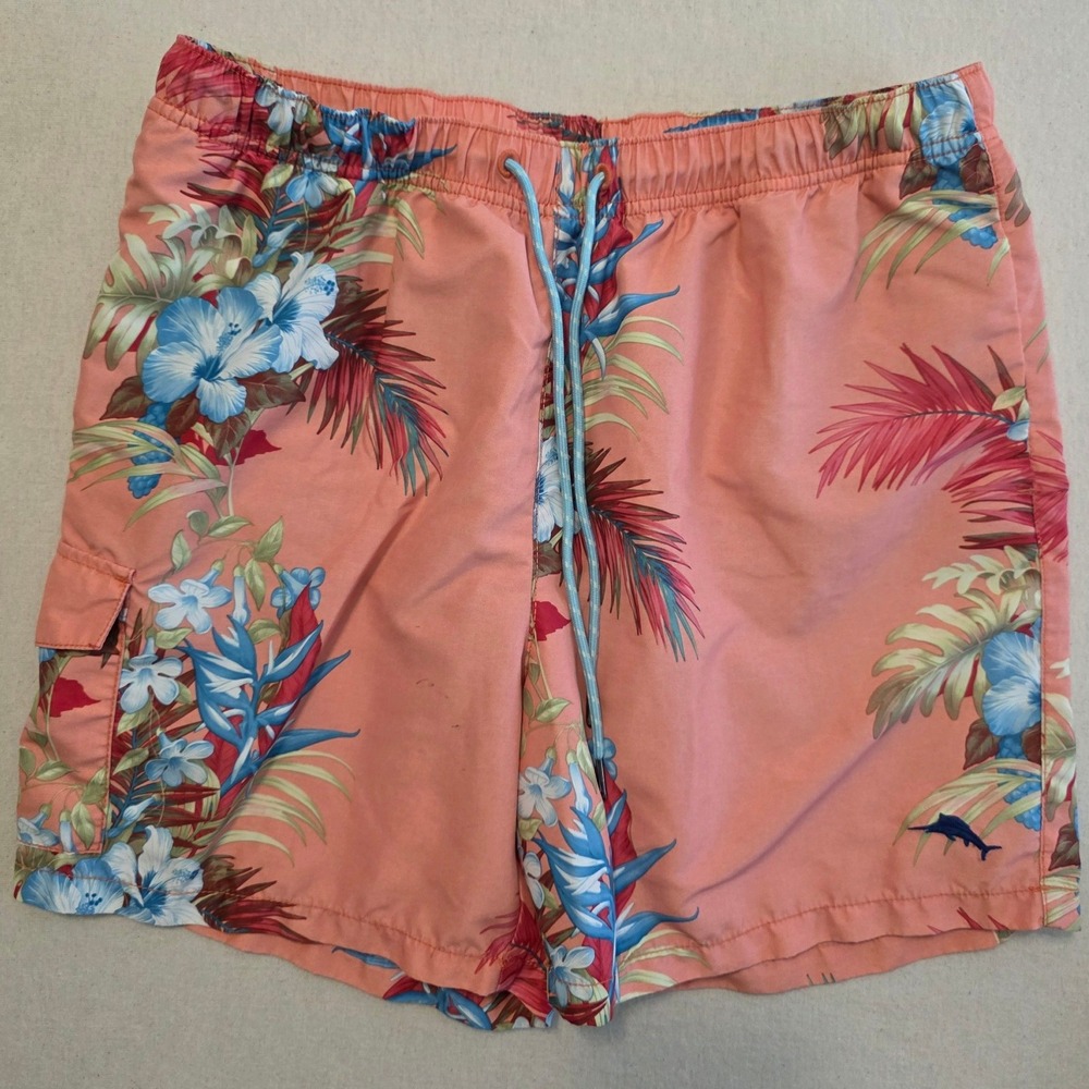 Tommy Bahama Relax Men L Pink Floral Tropical Swim Trunks Board Shorts Marlin